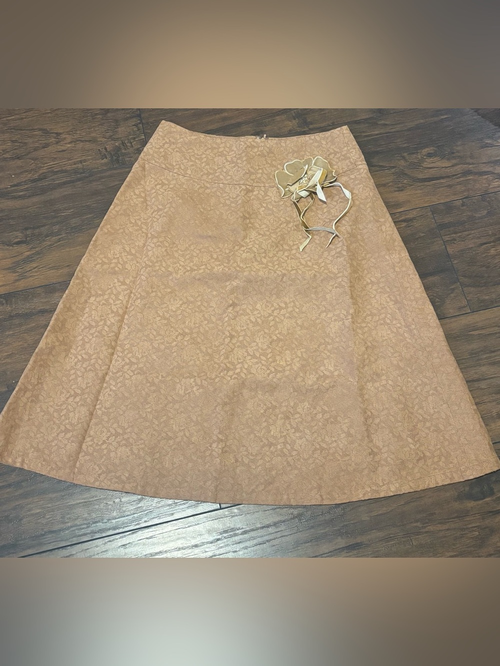 Vintage Hana Okuba Floral Jacquard Midi Skirt Tan Camel A-Line Appliqué Size S /